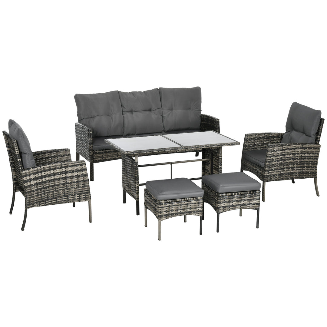 Outsunny 6 Piece Patio Furniture Set with Patio Chairs, Ottomans, Sofa, Glass Top Table and Cushions, Wicker Rattan Outdoor Furniture Set for Backyard, Porch, Grey