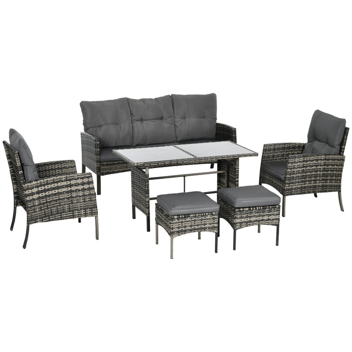 Outsunny 6 Piece Patio Furniture Set with Patio Chairs, Ottomans, Sofa, Glass Top Table and Cushions, Wicker Rattan Outdoor Furniture Set for Backyard, Porch, Grey