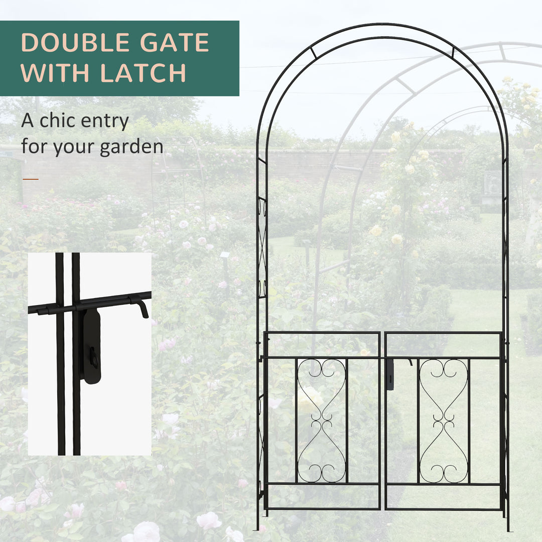 Outsunny 7.6FT Metal Garden Arch with Gate, Garden Arbor Trellis for Climbing Plants, Roses, Vines, Wedding Arch, Black