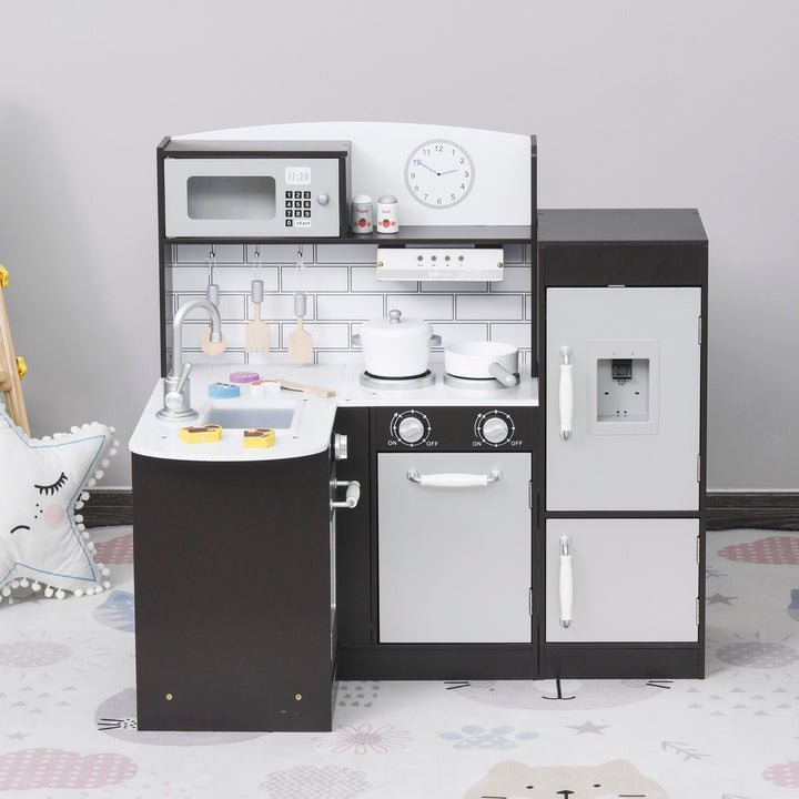 Qaba Kids Kitchen Play Cooking Toy Set for Children with Drinking Fountain, Microwave, Accessories, White