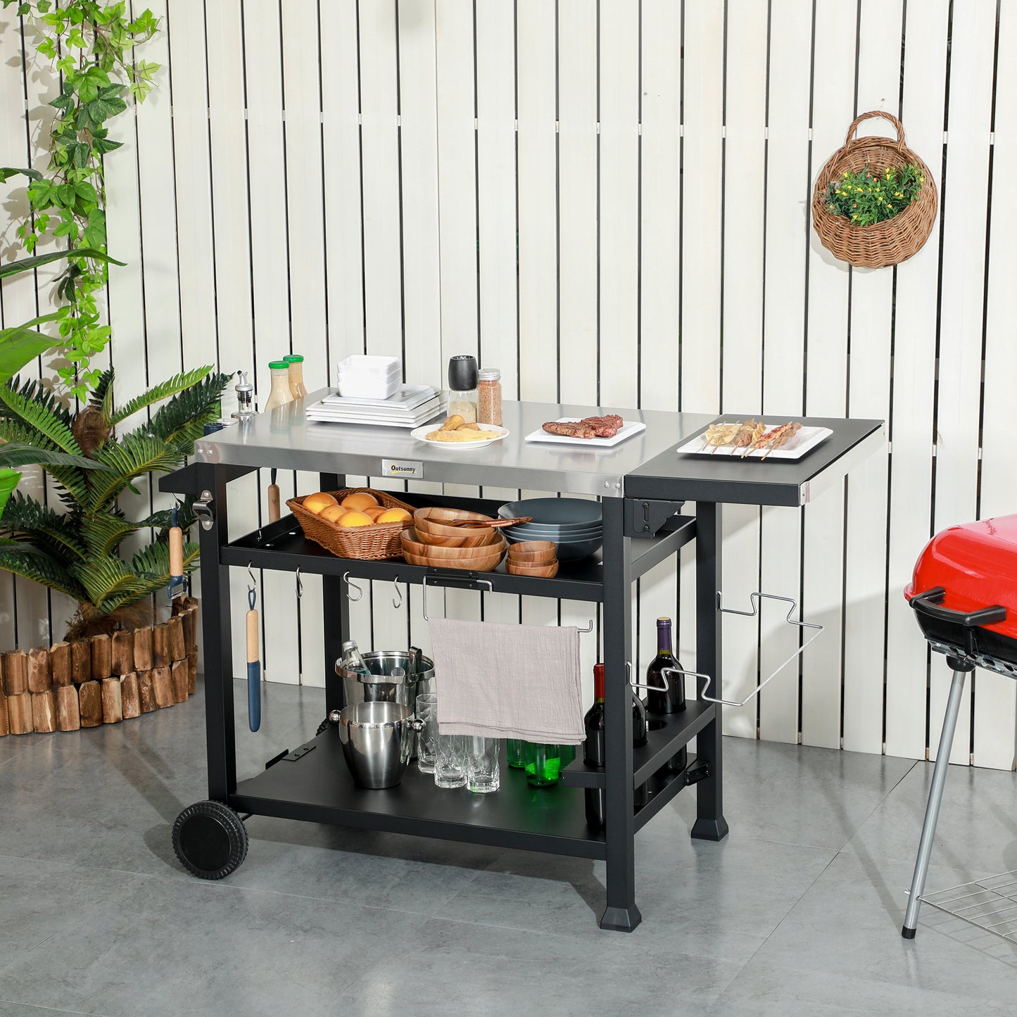 Outsunny 3-Shelf Outdoor Grill Cart Table with Foldable Side Table and Stainless Steel Table Top, Pizza Oven Stand on Wheels