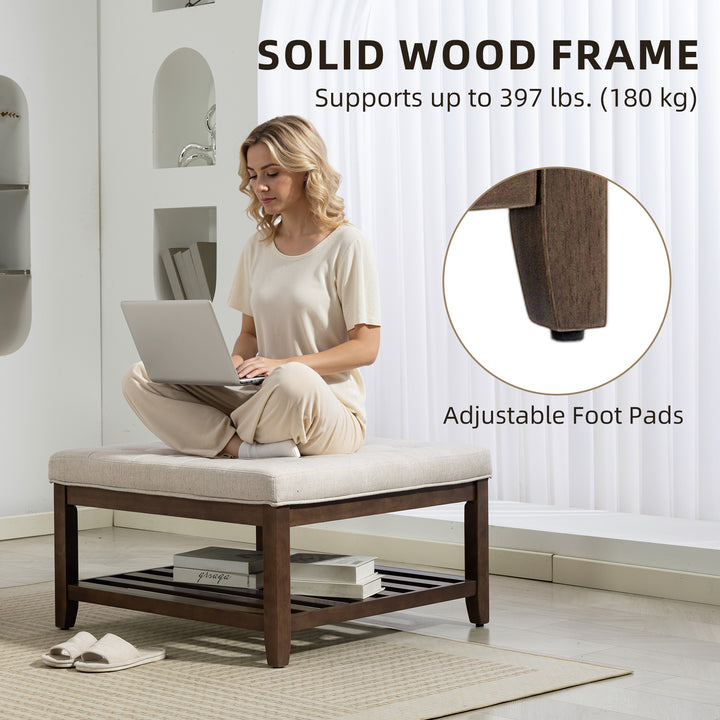 HOMCOM Ottoman Coffee Table, 32 Inch Square Footrest Ottoman with Storage, Linen Upholstered Tufted Footstool, Beige