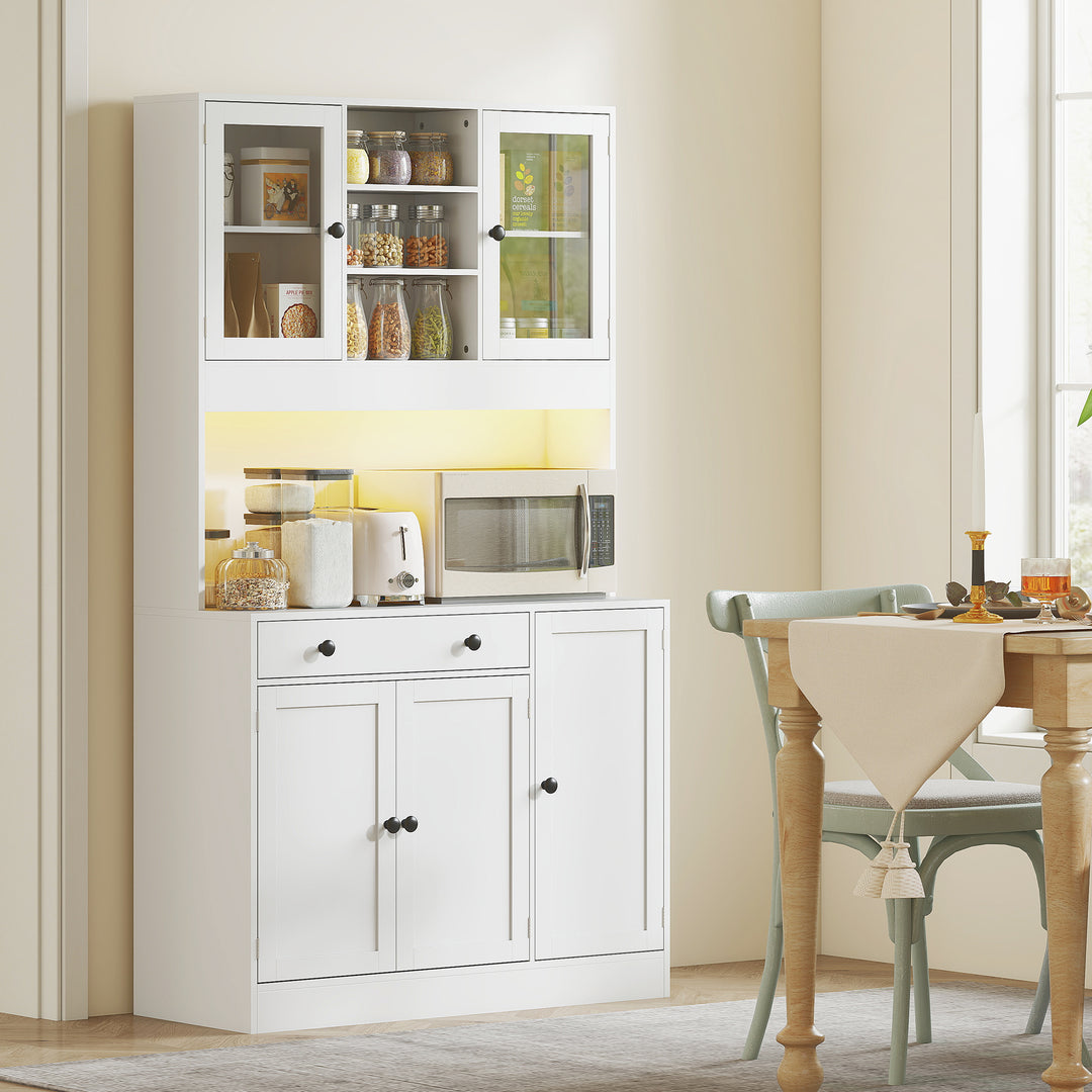 HOMCOM Tall Kitchen Pantry with LED Light, Freestanding Storage Cabinet with Hutch, Shelves, Drawer, Doors, White