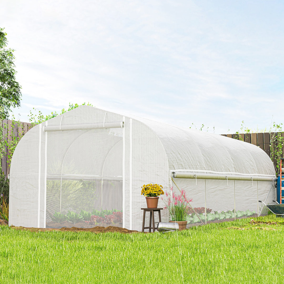 Outsunny 19.5' x 10' x 7.5' Walk-in Tunnel Greenhouse with 3 Roll-Up Doors and Large Mesh Windows, Outdoor Green House, Plant Hot House Tent with Galvanized Steel Frame, Green
