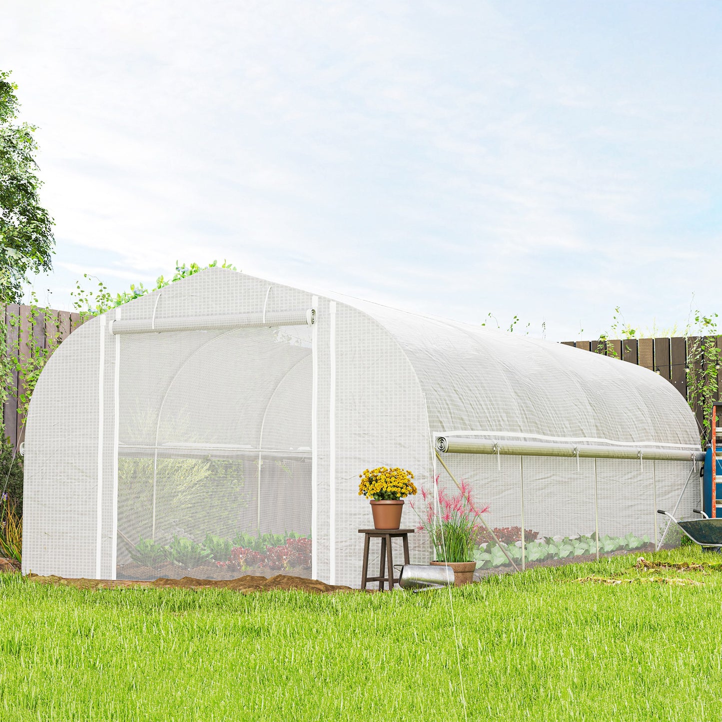 Outsunny 19.5' x 10' x 7.5' Walk-in Tunnel Greenhouse with 3 Roll-Up Doors and Large Mesh Windows, Outdoor Green House, Plant Hot House Tent with Galvanized Steel Frame, Green