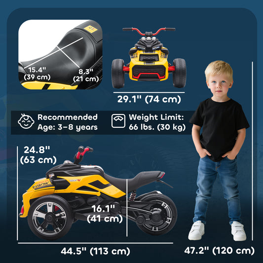 Qaba 12V Kids Ride On ATV with MP3 Player, Music, Horn, 2 Speeds, LED Lights, Gift for Boys & Girls Ages 3-8, Yellow