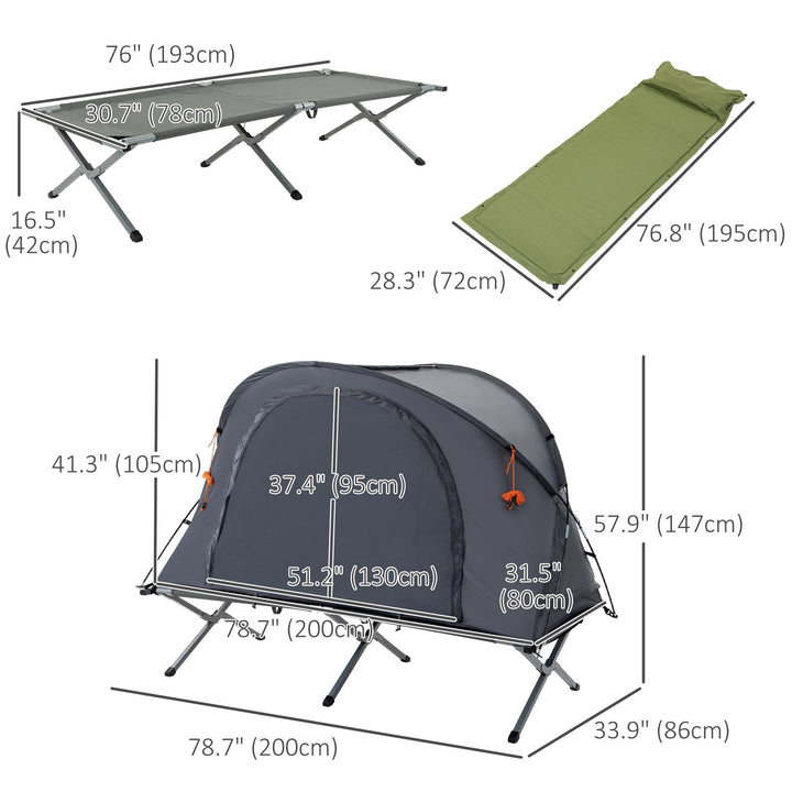 Outsunny Camping Tent Cot, Multifunctional Folding Tent Combo, Portable Off-Ground Tent Shelter with Self-Inflating Air Mattress and Carry Bag for 1 Person