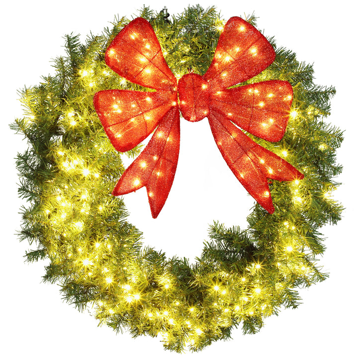 HOMCOM 36in Pre-Lit Christmas Wreath with 3D Red Bow, 11 Lighting Modes, Front Door Christmas Wreath with Remote