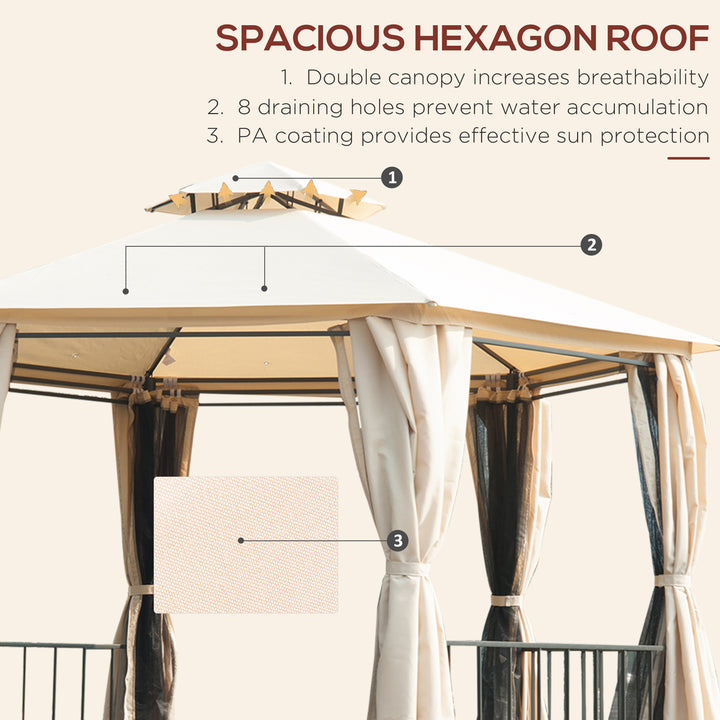 Outsunny 13ft Hexagon Gazebo Outdoor Canopy Shelter with Netting and Shaded Curtains Beige