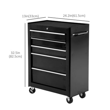 HOMCOM 5-Drawer Rolling Tool Cabinet on Wheels, Lockable Tool Chest, Tool Organizer for Garage, Factory and Workshop, Black