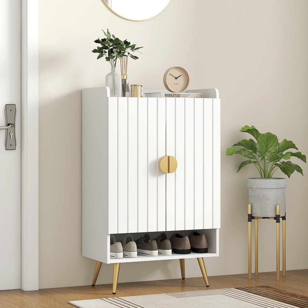 HOMCOM Entryway Shoe Storage Cabinet, Narrow Shoe Cabinet with Adjustable Shelves and Open Shelf for 15 Pairs of Shoes, Grey