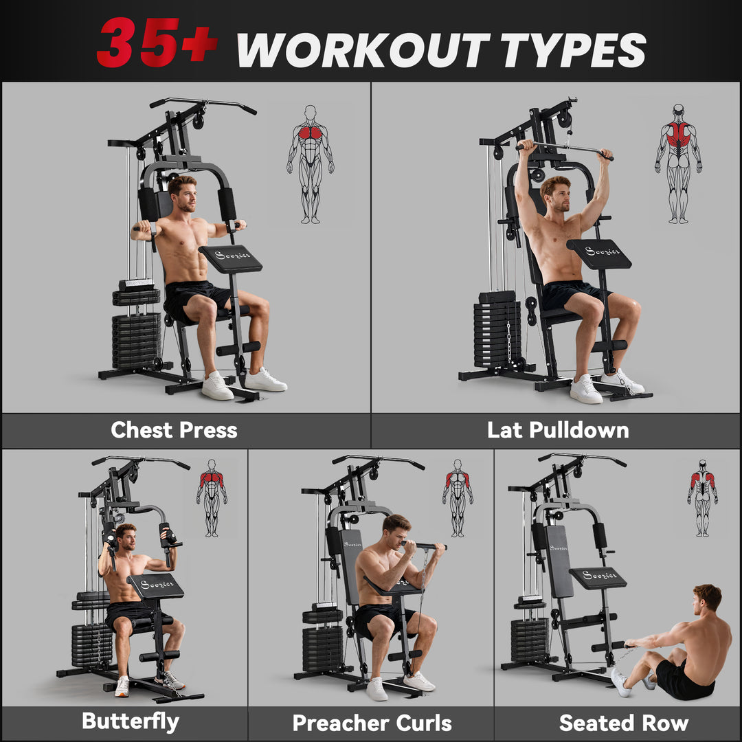 Soozier Home Gym Equipment Weight Training Machine, Multifunction Workout Machine with 143lbs Weight Stack for Full Body Workout and Strength Training, Black