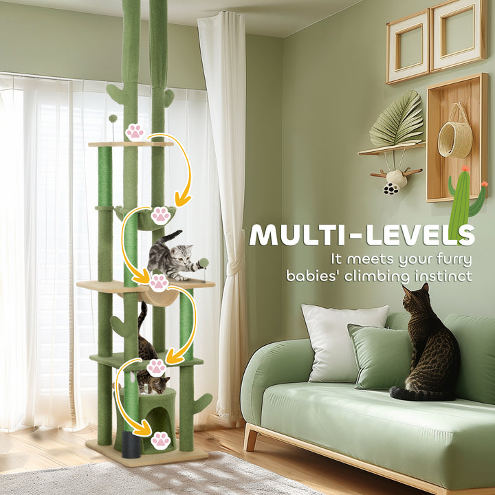 PawHut 89"-100" Floor to Ceiling Cat Tree Cat Tower for Large Cats w/ Scratching Posts, Grooming Brush Post, Cat Condo, Green