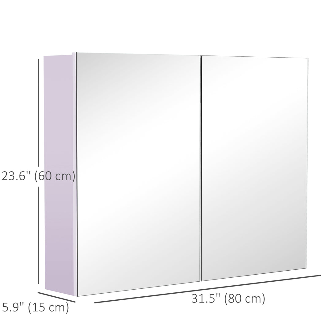 HOMCOM Bathroom Mirror Cabinet, Wall-Mounted Storage Organizer with Double Doors, Adjustable Shelf, Light Lilac