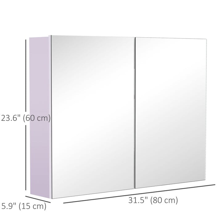 HOMCOM Bathroom Mirror Cabinet, Wall-Mounted Storage Organizer with Double Doors, Adjustable Shelf, Light Lilac