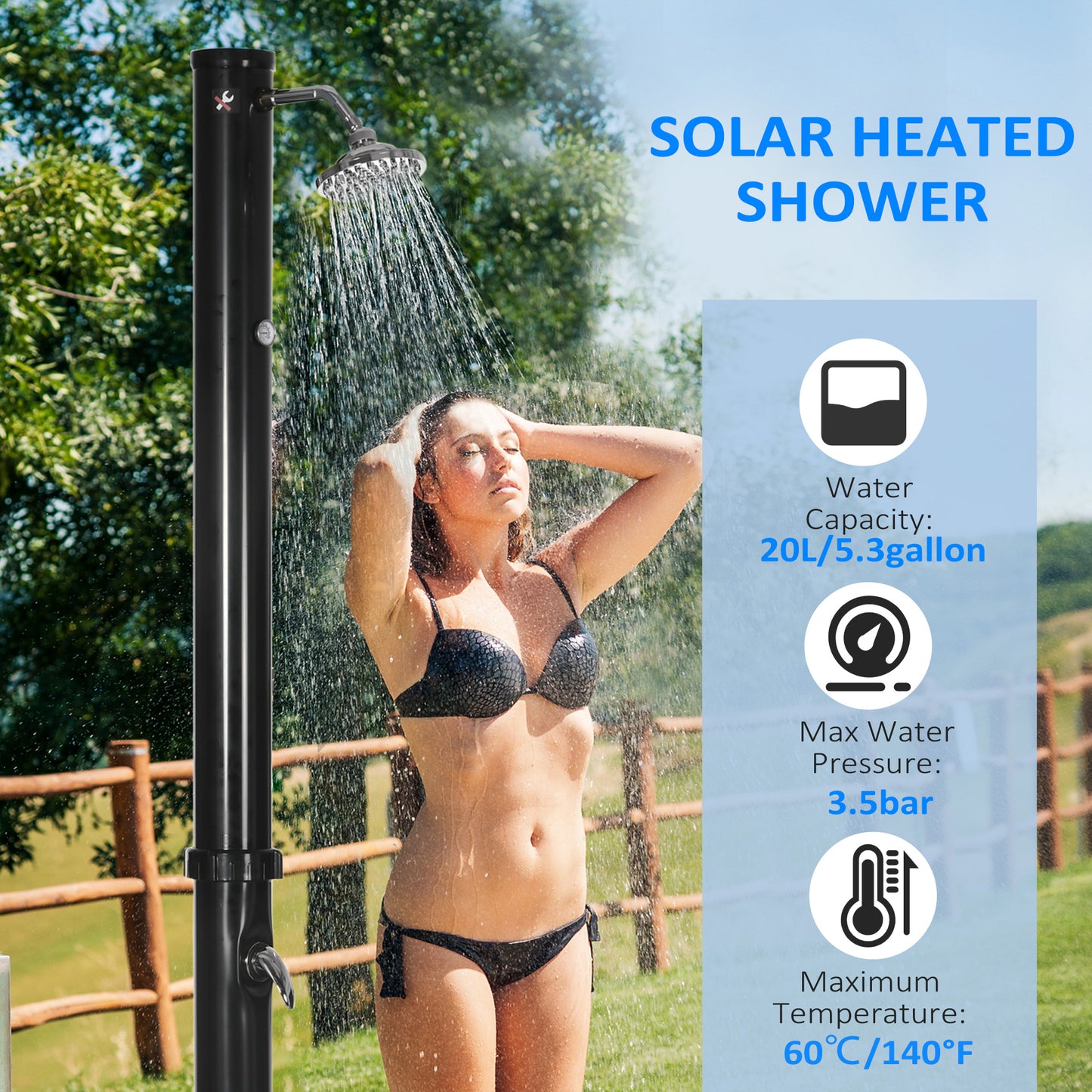 Outsunny 5.3 Gallons Solar Shower with Rotating Rainfall, Temperature Adjustment, 2 Section Outdoor Shower for Backyard, Black