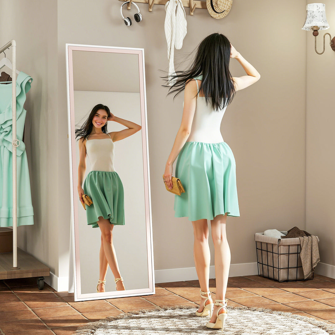 HOMCOM 64" x 21" Full Length Mirror, Rectangular Full Body Mirror with Frame, Standing, Hanging or Leaning, White and Pink