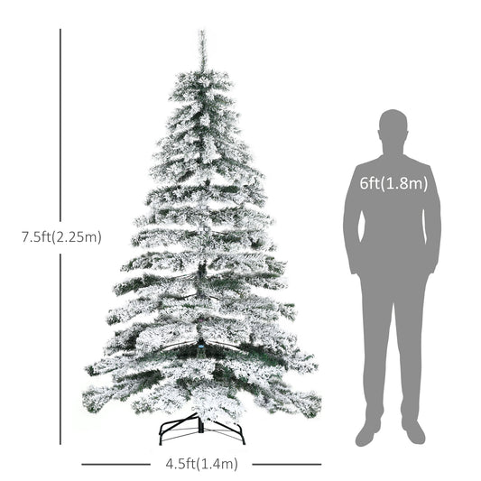 HOMCOM 7.5ft Artificial Snow Flocked Christmas Tree Xmas Tree Holiday Home Indoor Decoration for Party with Foldable Feet, Green