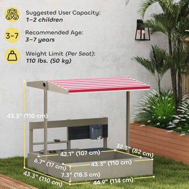 Outsunny Kids Sandbox with Cover Kitchen Playset Toys, Wooden Sand Box with Seat, Storage, for 3-7 Years Old, Grey