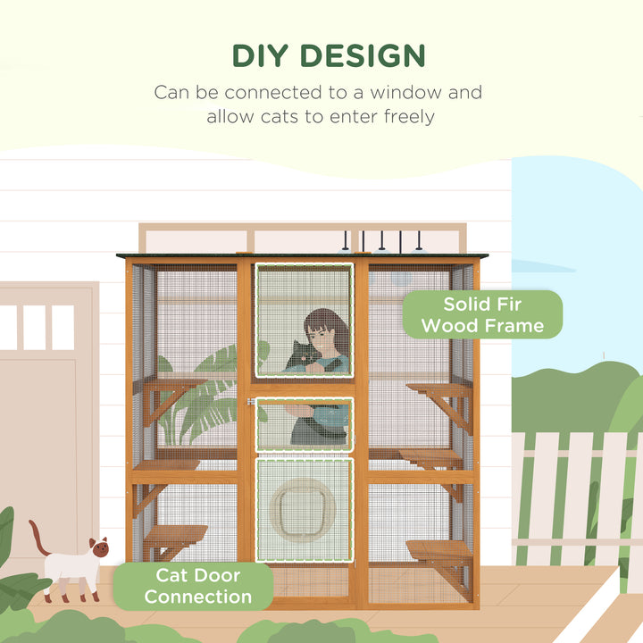 PawHut Large Outdoor Catio Enclosure, Weatherproof Cat House with Asphalt Roof,  Wooden Cat Patio Cage with 6 Balanced Platforms, 71" x 39" x 71", Grey