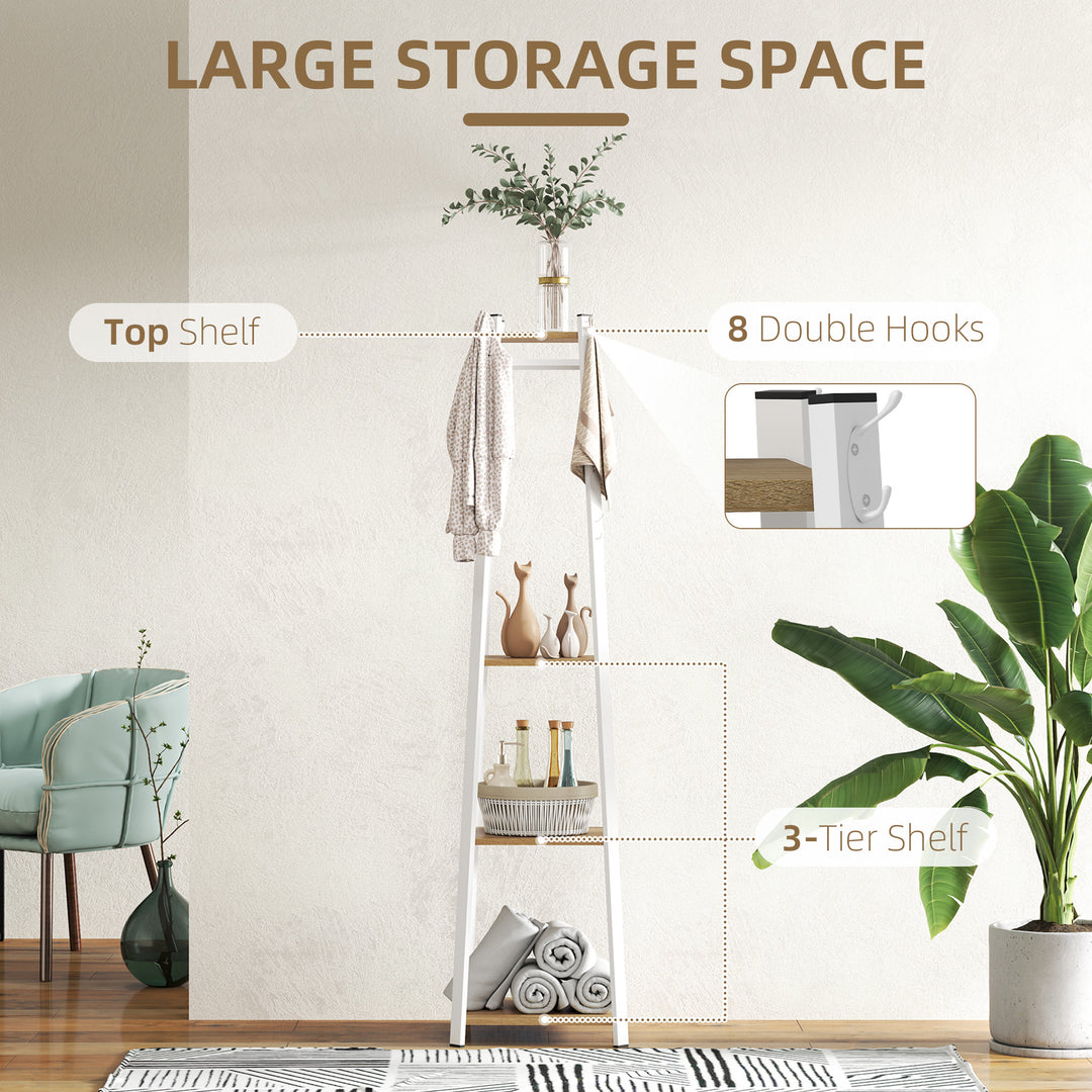 HOMCOM Clothes Rack with Storage, Garment Rack with 8 Hooks and 3-Tier Shelf, Clothes Stand for Bedroom, Entryway, Oak