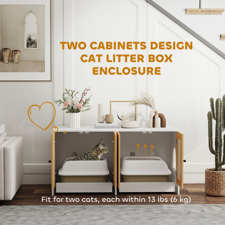 PawHut Cat Litter Box Enclosure w/ 2 Cabinets, Scratching Mats, Pull-Out Trays, Hidden Litter Box for 2 Cats, White