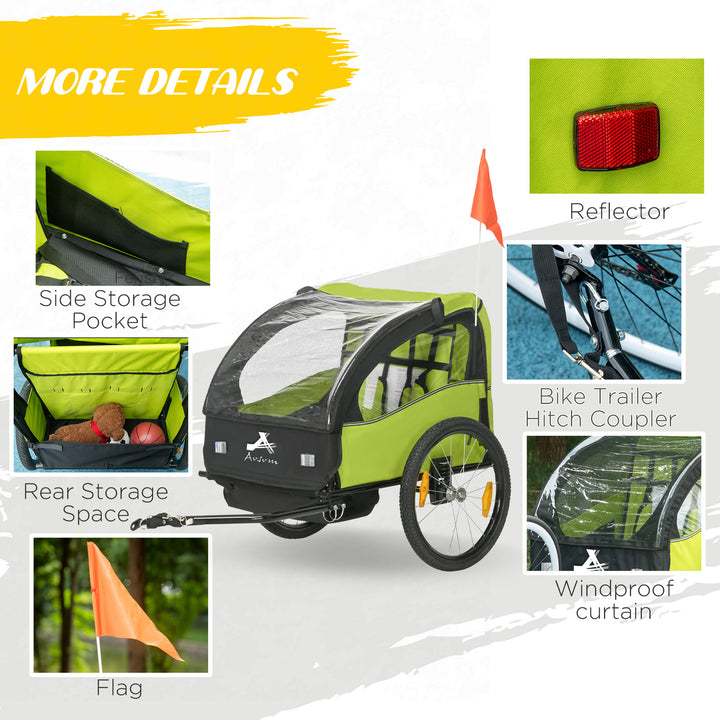 Aosom 2 Seat Bike Trailer for Kids, Baby Stroller with Storage Bag, 5 Point Harness, Bicycle Trailer with 20" Wheels, Green