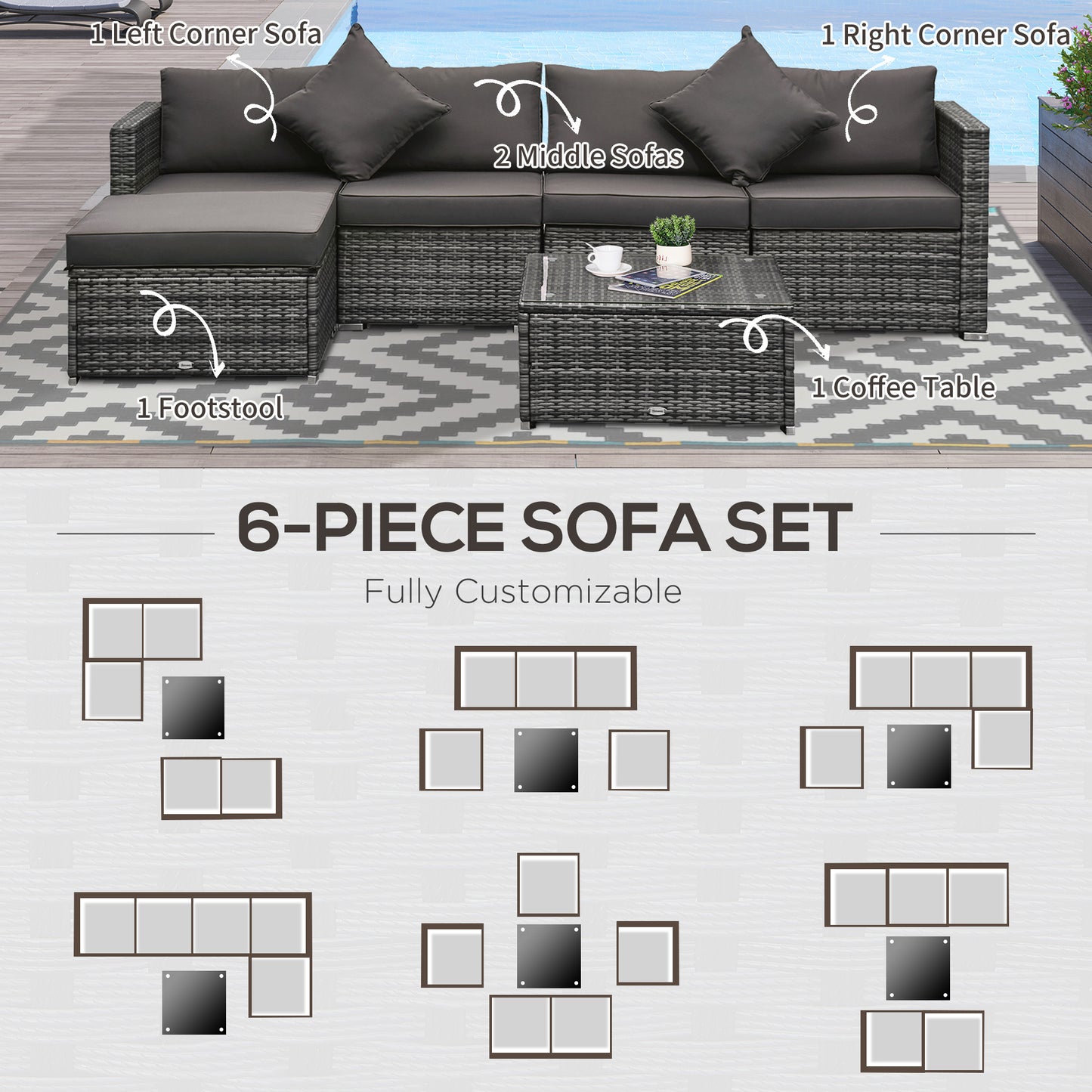 Outsunny 6 Pieces Outdoor PE Rattan Wicker Patio Furniture Sofa Set with Thick Cushions, Deluxe Garden Sectional Couch with Glass Top Table, Dark Coffee and Cream White