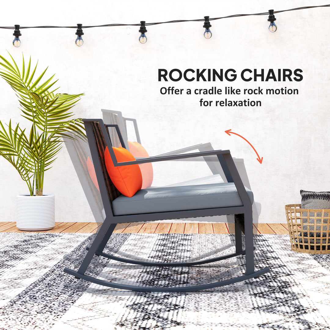Outsunny 3 Pieces Rocking Bistro Set, Wicker Patio Furniture Set with Cushions and Glass Table for Porch, Balcony, Grey