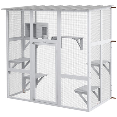 PawHut Outdoor Cat Enclosure Window Box with Weatherproof Roof, Bridge, Resting Box, Platforms, for 2 Kittens, White