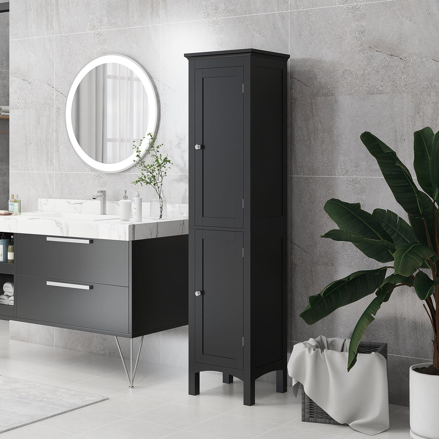 kleankin Tall Bathroom Cabinet, Freestanding Storage Organizer with Adjustable Shelves and Cupboards, 15" x 13" x 63", White