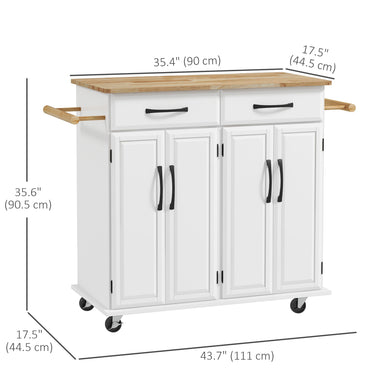 HOMCOM Kitchen Island on Wheels with Rubberwood Top, Rolling Kitchen Cart with 2 Drawers, 4 Doors and Adjustable Shelves