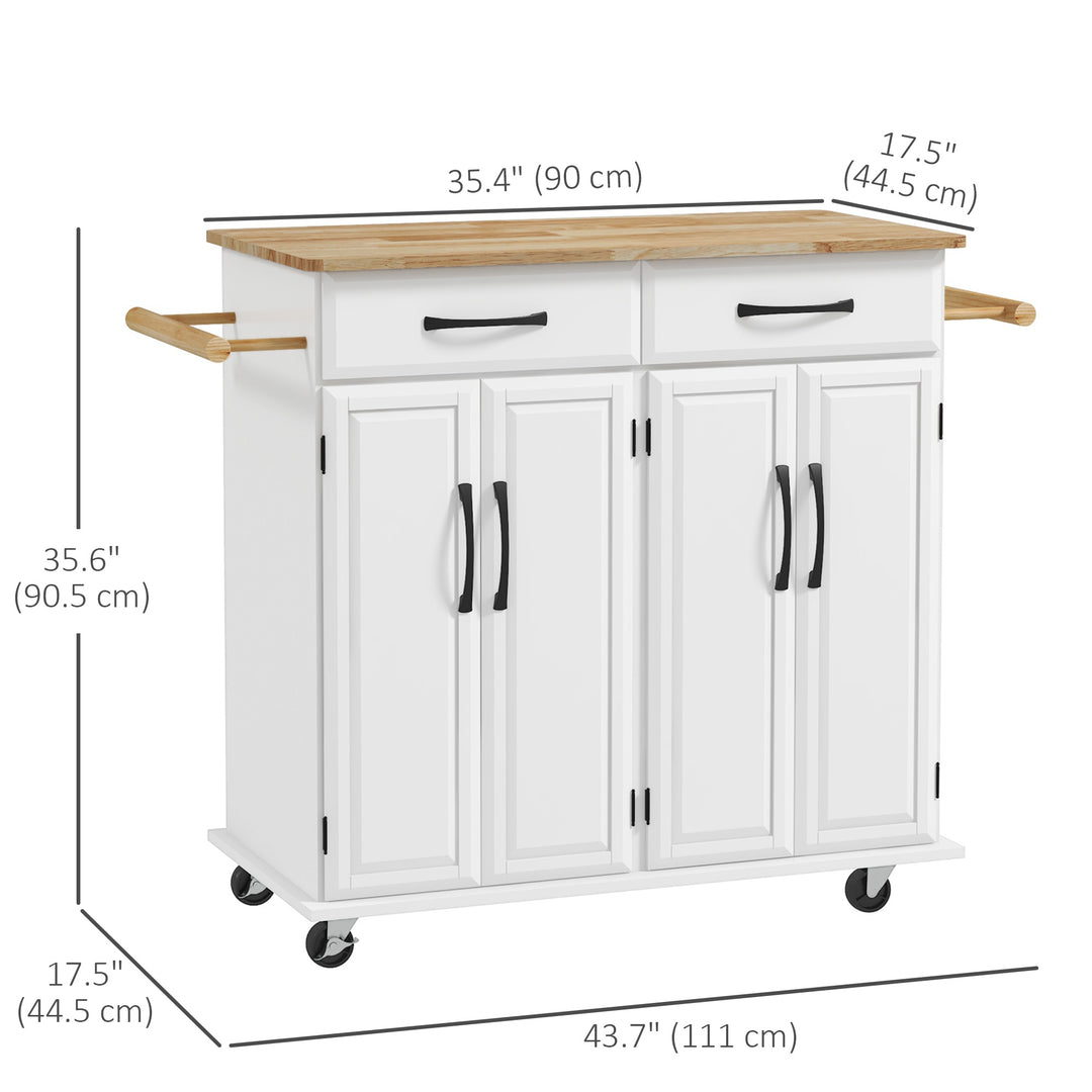 HOMCOM Kitchen Island on Wheels with Rubberwood Top, Rolling Kitchen Cart with 2 Drawers, 4 Doors and Adjustable Shelves