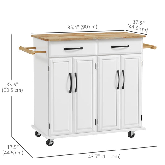 HOMCOM Kitchen Island on Wheels with Rubberwood Top, Rolling Kitchen Cart with 2 Drawers, 4 Doors and Adjustable Shelves