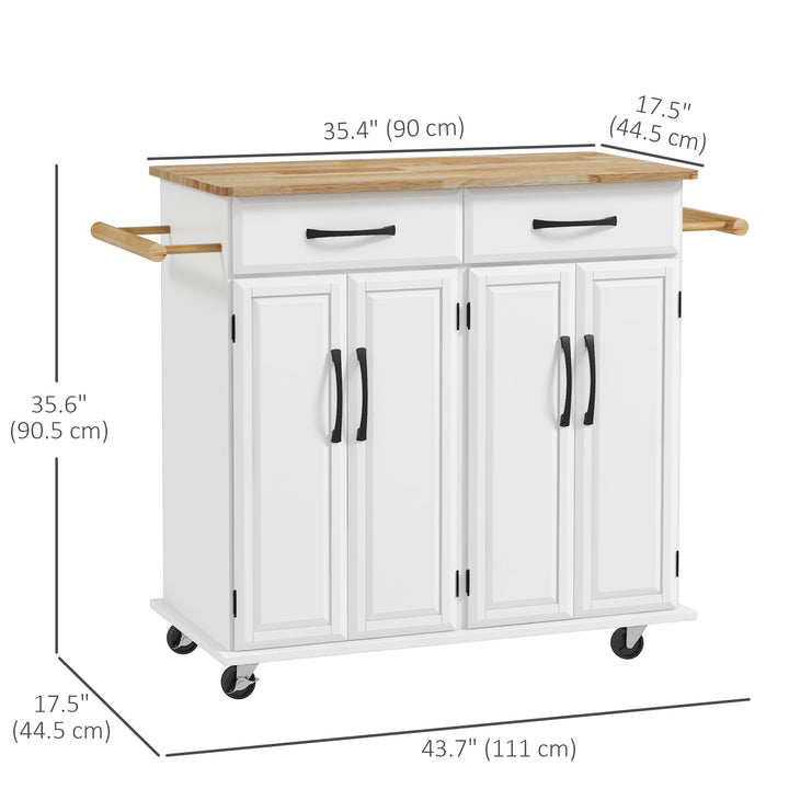 HOMCOM Kitchen Island on Wheels with Rubberwood Top, Rolling Kitchen Cart with 2 Drawers, 4 Doors and Adjustable Shelves
