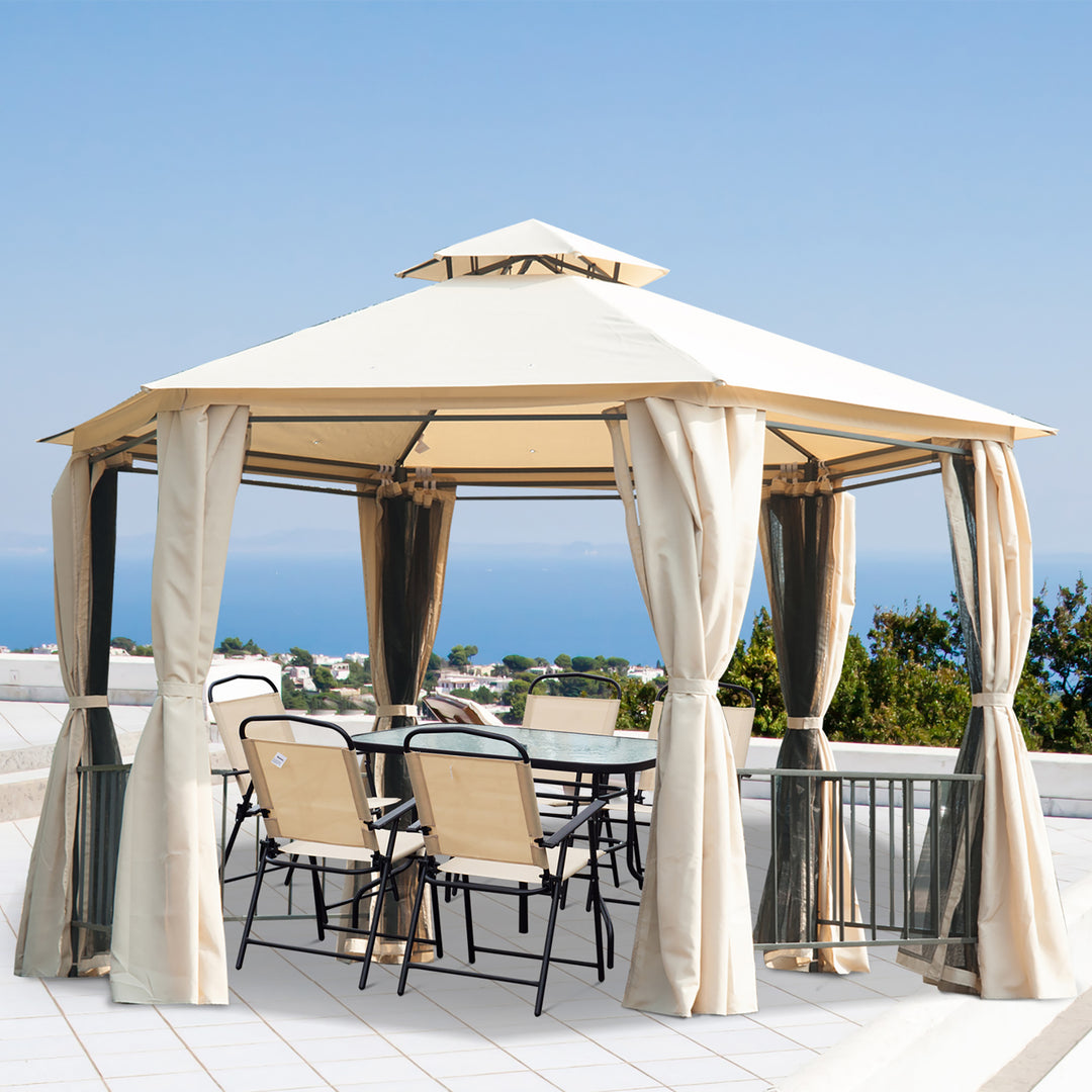 Outsunny 13ft Hexagon Gazebo Outdoor Canopy Shelter with Netting and Shaded Curtains Beige