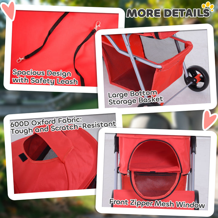 PawHut Pet Stroller Foldable Carrier for Cat, Dog and More 4 Wheels Travel Jogger with Cup Holder, Storage Basket, 360 ° swiveling front wheels, Easy Fold, Red
