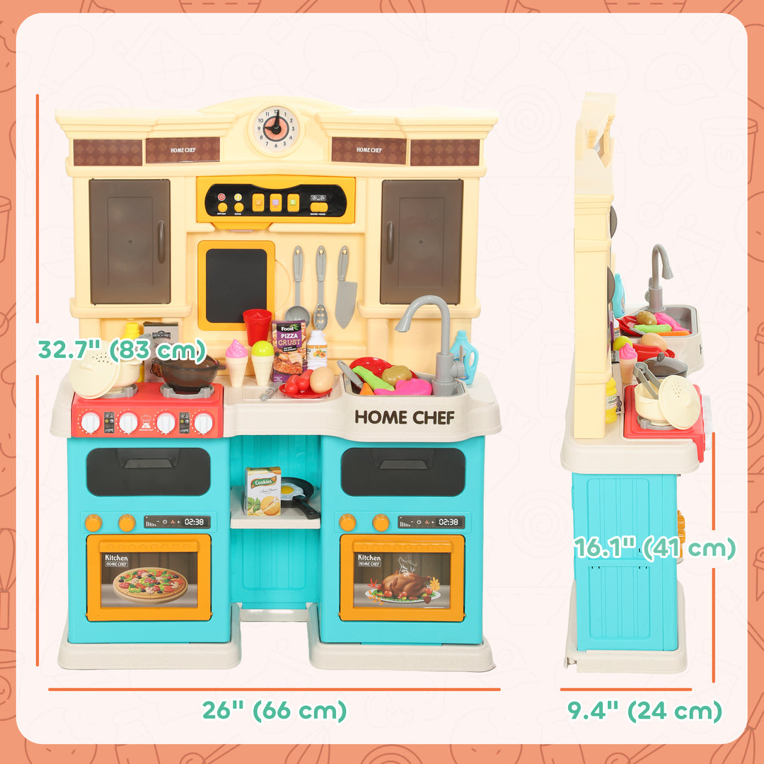 Qaba Play Kitchen Set, Kids Kitchen Playset with Real Lights and Sounds, Sink, Stove, Clock, Accessories, Green