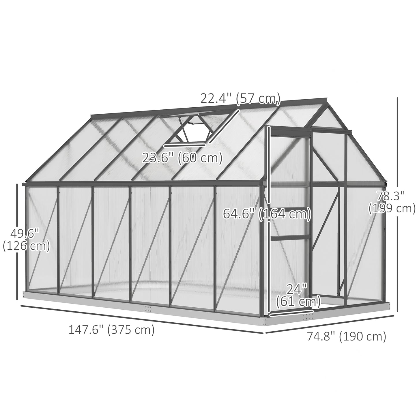 Outsunny 6' x 12' x 6.5' Walk-in Greenhouse, Polycarbonate Greenhouse with Adjustable Roof Vent, Base, Sliding Door, Clear