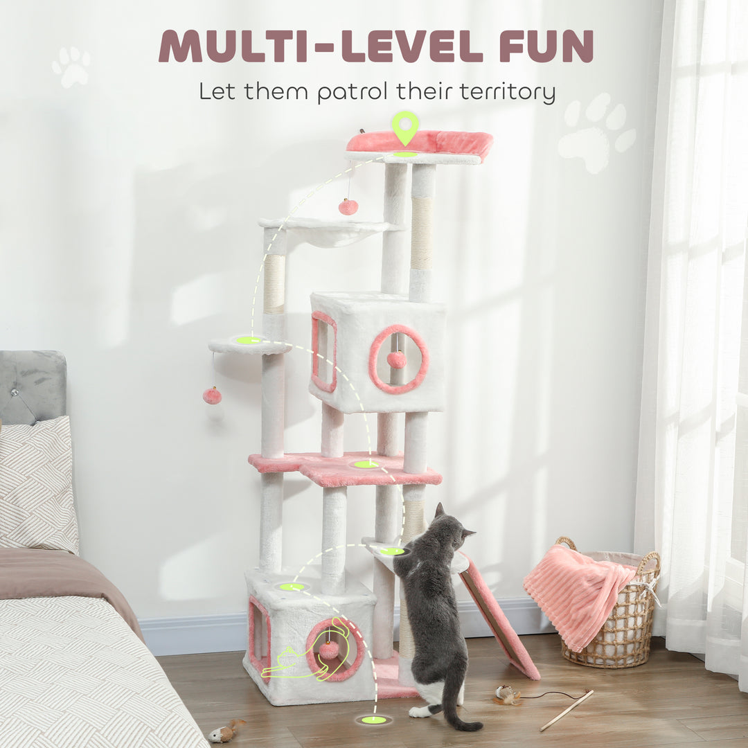 PawHut 65 Inch Cat Tree with 2 Doors Condos, Plush Top Perch, Hammock, Sisal Scratching Posts, 4 Pompoms, Ramp, White