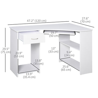 HOMCOM 47" L-Shaped Desk with Keyboard Tray, Computer Corner Desk for Small Space with Shelves, Drawer, CPU Stand, Home Office Writing Table, White
