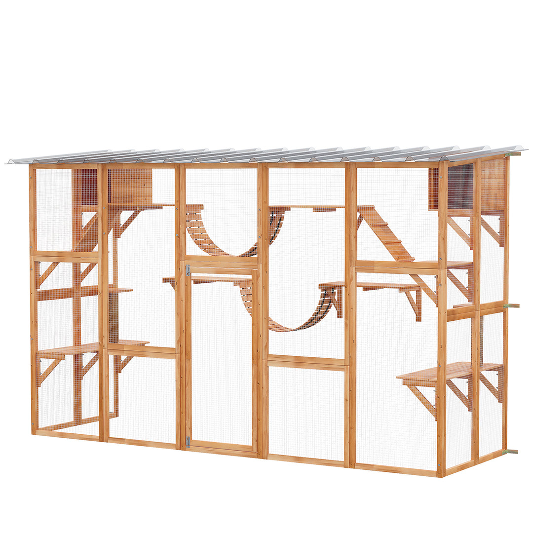 PawHut Large Outdoor Catio with Condos, Platforms, Doors, Ladders, Weather-Resistant Roof, Orange