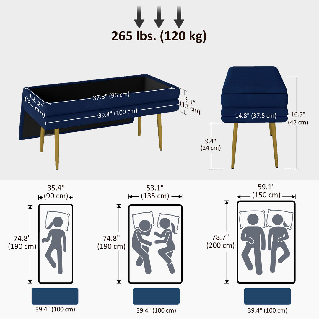 HOMCOM 39" Storage Ottoman, Velvet End of Bed Bench with Steel Legs, Foot Stool with Storage for Bedroom, Living Room, Pink