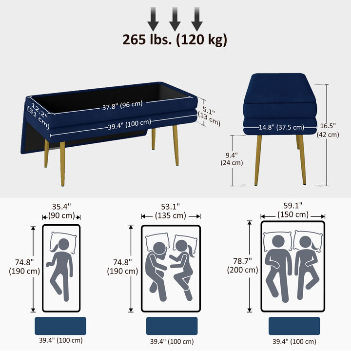 HOMCOM 39" Storage Ottoman, Velvet End of Bed Bench with Steel Legs, Foot Stool with Storage for Bedroom, Living Room, Pink