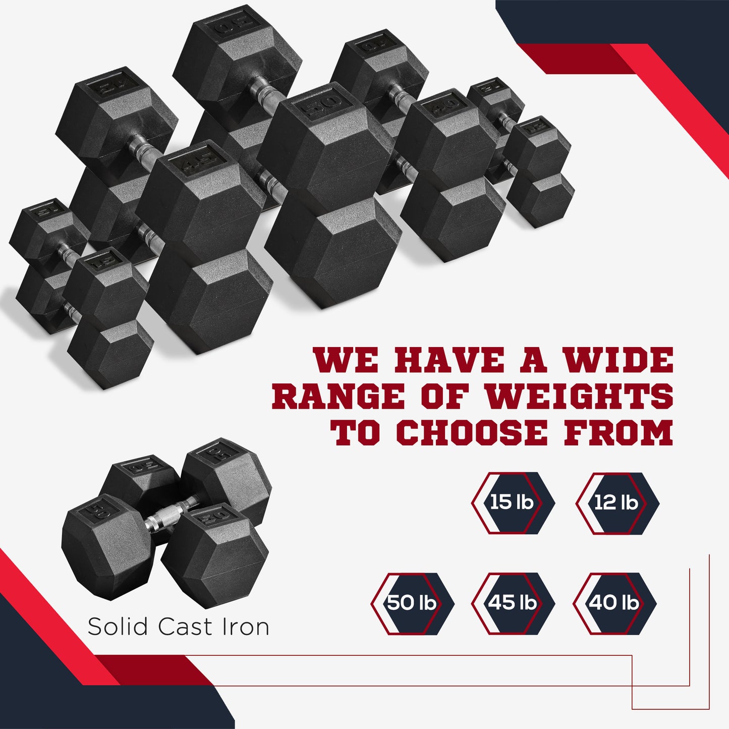 Soozier 2 x 50lbs Hex Dumbbell Set, Rubber Weights Exercise Fitness Dumbbells with Non-Slip Handles, Anti-roll, for Women or Men Home Gym Workout