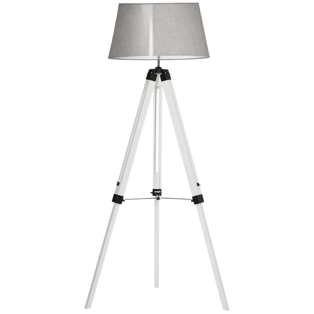 HOMCOM Tripod Floor Lamp, Adjustable Height Wooden Standing Lamp with E26 Lamp Base for Living Room, Bedroom, White and Grey