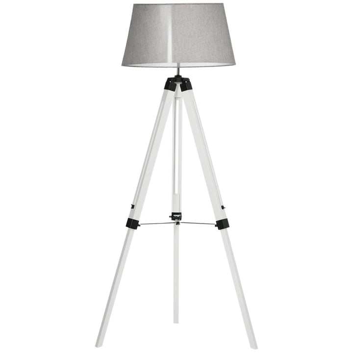 HOMCOM Tripod Floor Lamp, Adjustable Height Wooden Standing Lamp with E26 Lamp Base for Living Room, Bedroom, White and Grey