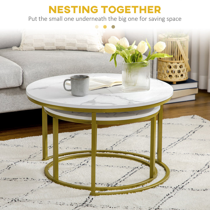 HOMCOM Nesting Tables, 29" Round Coffee Table Set of 2, Modern Side Tables for Living Room with Metal Base, Faux Marbled White