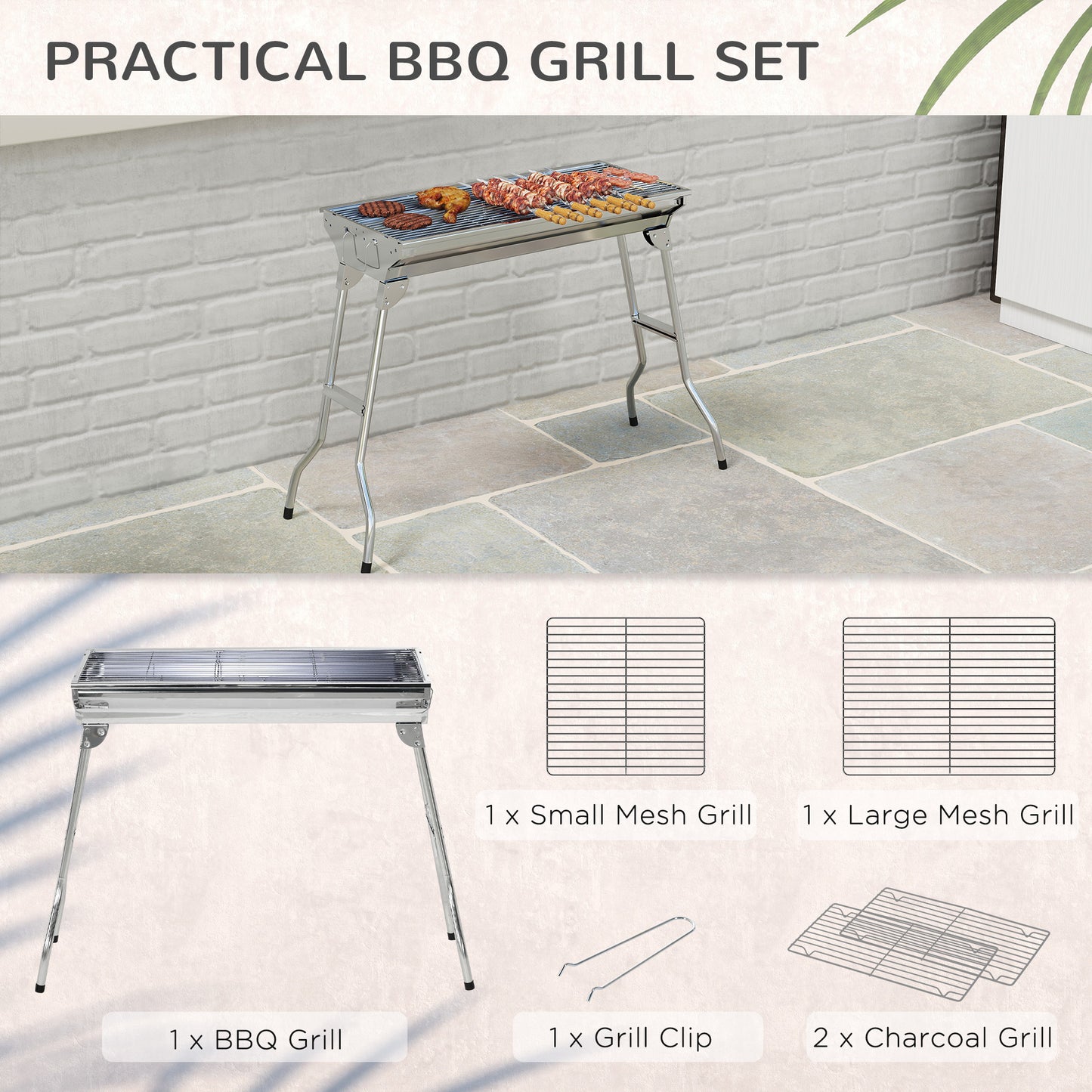 Outsunny Stainless Steel Charcoal BBQ Grill, Portable Barbecue Grill with Handles for Outdoor, Cooking, Camping, Picnic