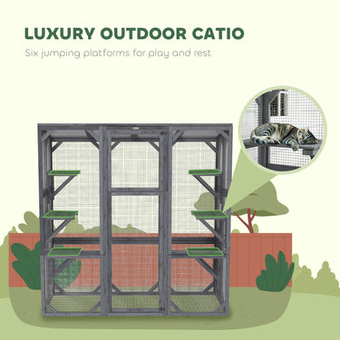 PawHut Outdoor Cat Enclosure with 6 Jumping Platforms, Weatherproof Roof, Large Front Door for 1-3 Cats, 59" x 28" x 60", Grey